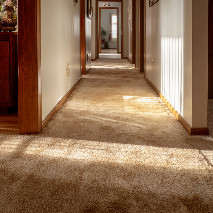 Beige builder-grade carpet with visible wear patterns down a hallway with oak trim and afternoon light