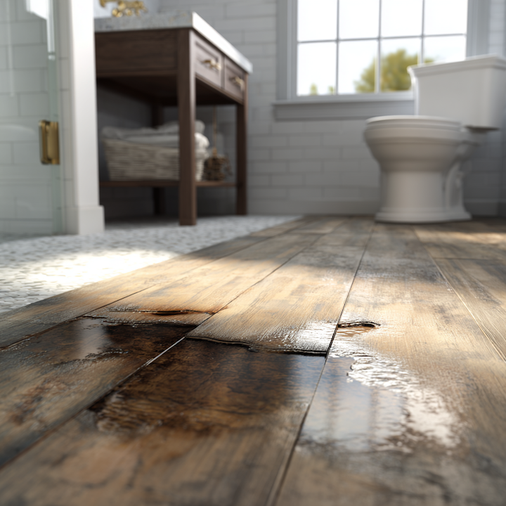 Water-damaged wood flooring buckling near a toilet with dark moisture stains spreading across the subfloor