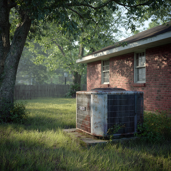 Rusted residential AC condenser unit beside a brick ranch home with overgrown grass on a humid summer day