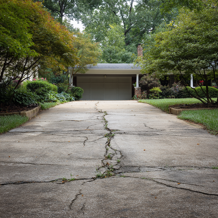 Cracked residential driveway with weeds growing through settlement fractures leading to a two-car garage