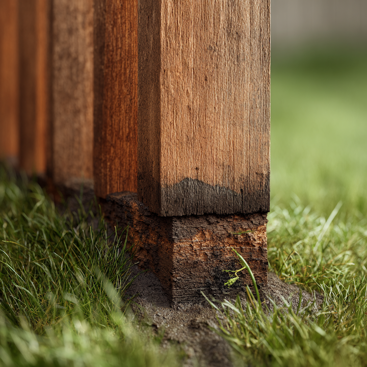 Fence post rotting at grade level where moisture sits in the soil while the pickets above remain solid