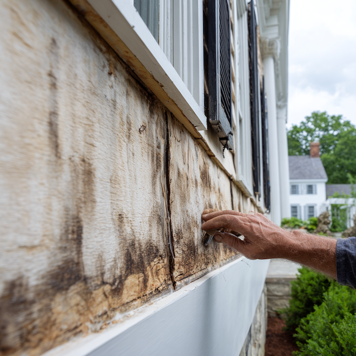 Contractor inspecting water-damaged OSB sheathing exposed behind removed siding with dark moisture stains