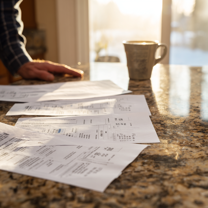 Three contractor estimates spread across a granite countertop with a coffee mug and morning light through the window