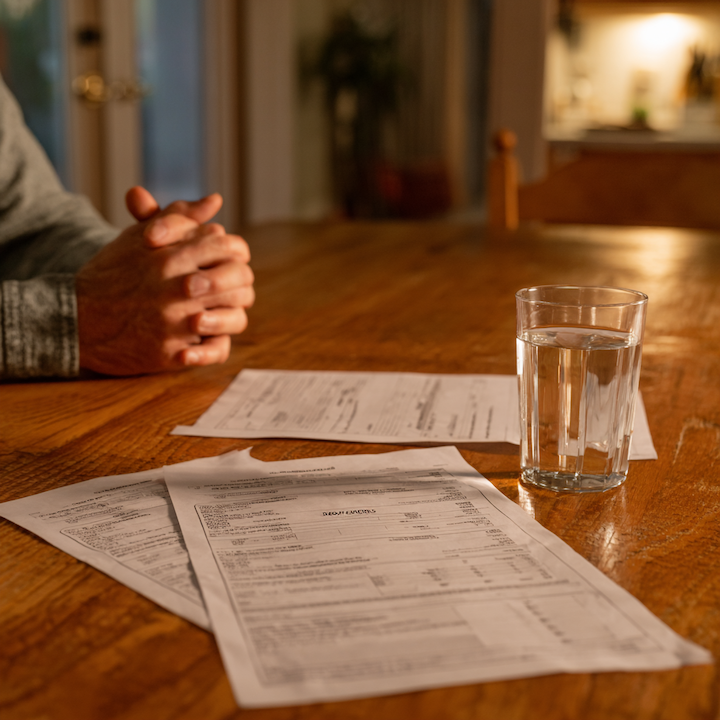 Two plumbing estimates on a wooden kitchen table with clasped hands and a glass of water in warm light
