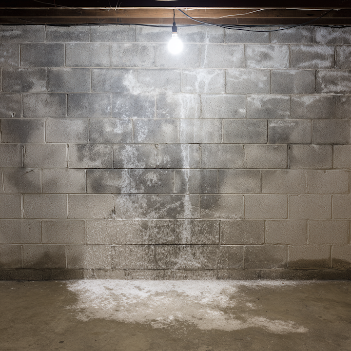 White efflorescence deposits streaming down a concrete block basement wall onto the floor under a bare bulb